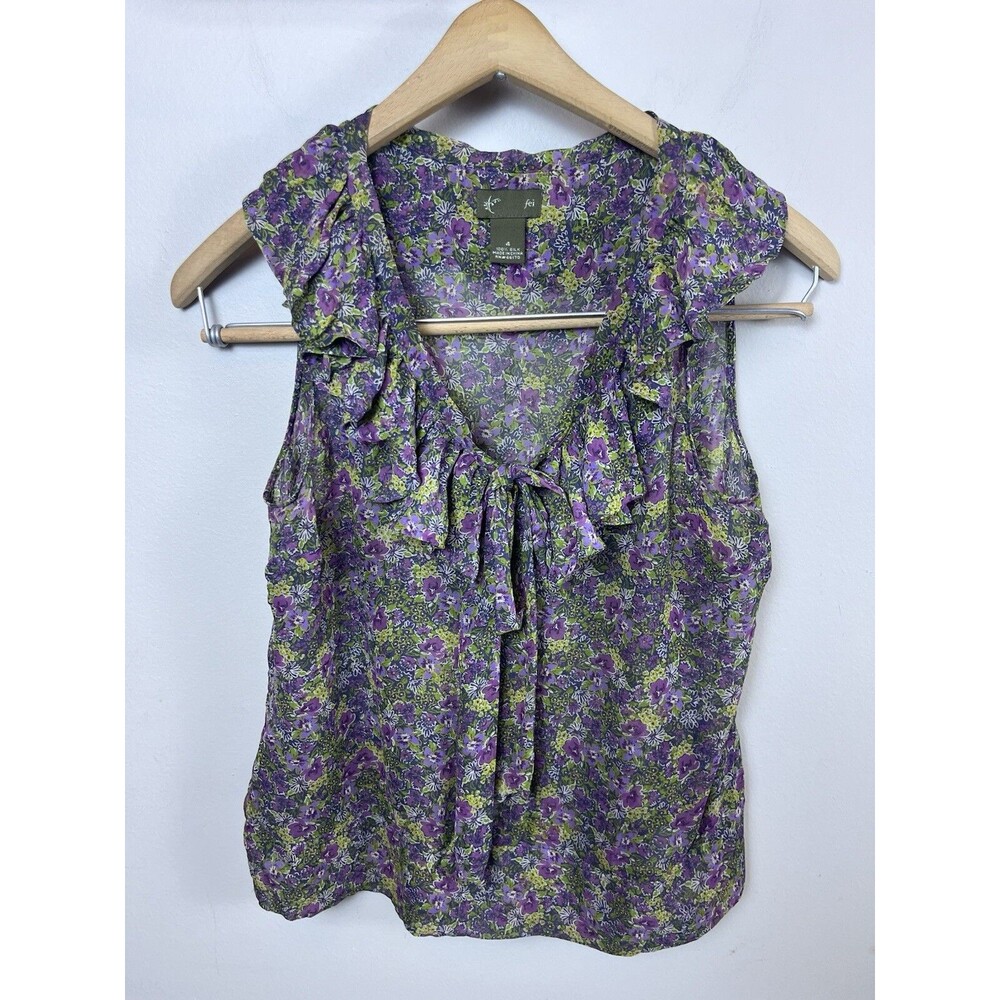 FEI Anthropologie Silk Blouse Floral Ruffle Tie Scoop Neck Sleeveless Size 4